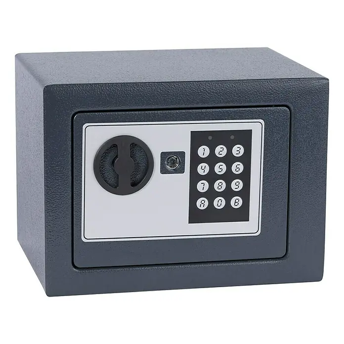 Möbeltresor Security Box Mini - 17 x 23 x 17 cm, Elektronisches Zahlenschloss, Verriegelung: 1-seitig - Ein grauer Safe mit Zahlenschloss und Drehknopf bietet sicheren Schutz für Wertsachen im Büro oder Zuhause. Ideal zur Aufbewahrung.