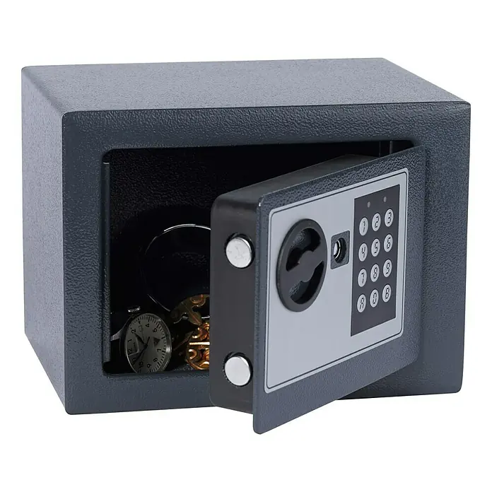 Möbeltresor Security Box Mini - 17 x 23 x 17 cm, Elektronisches Zahlenschloss, Verriegelung: 1-seitig - Geöffneter grauer Safe mit Digitalanzeige und darin Armbanduhr und Schlüssel für sichere Aufbewahrung von Wertgegenständen.