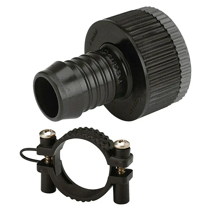Gardena Sprinklersystem Hahnanschlussstück - G ¾″ - Schwarzes Gartenschlauch-Anschlussstück mit passender Klemme für sichere und dichte Verbindungen im Garten.