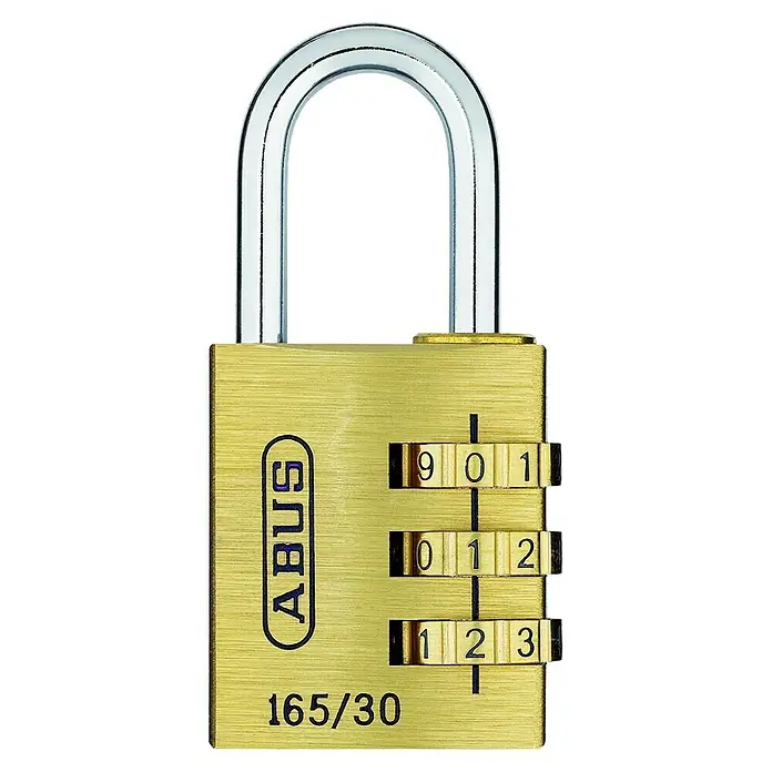 Abus Vorhängezahlenschloss 165/30 - 30,5 x 65 mm, Messing, Anzahl Zahlenrollen: 3 Stk. - Nahaufnahme eines ABUS 165/30 Vorhängeschlosses mit Zahlencode. Das Schloss ist goldfarben mit einem silbernen Bügel.