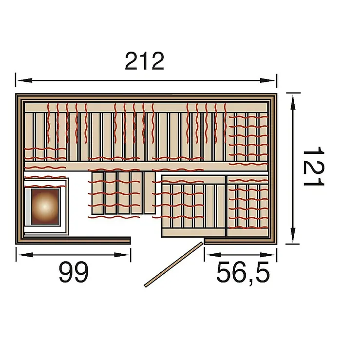 Weka Infrarot-Sauna-Kombikabine Uppsala - Therm-Flächenstrahler + 3,6 kW Saunaofen, 121 x 212 x 199 cm - Draufsicht einer Sauna mit Maßen. Die Sauna hat eine Länge von 212 cm, eine Breite von 121 cm und einen Eingangsbereich von 99 cm.