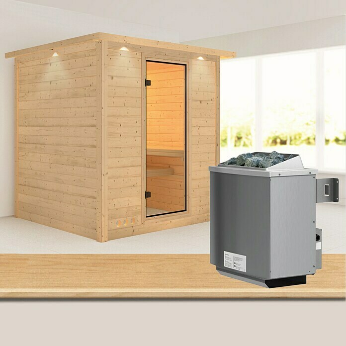 Karibu Elementsauna Mojave (Mit 9 kW Ofen mit integrierter Steuerung, Mit Dachkranz und Beleuchtung, Materialspezifizierung Tür: Ganzglas Bronze, L x