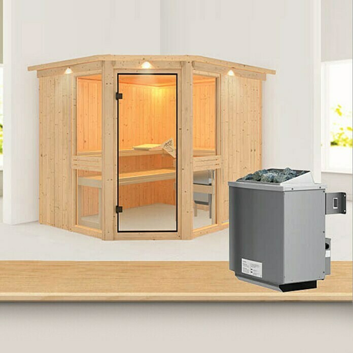 Karibu Elementsauna Amelia 3 (Mit 9 kW Ofen mit integrierter Steuerung, Mit Dachkranz und Beleuchtung, L x B x H: 245 x 210 x 192 cm)