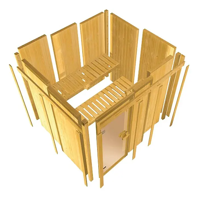 Karibu Elementsauna Jarin - Mit 9 kW Bio-Ofen mit externer Steuerung, Mit Dachkranz und Beleuchtung, Materialspezifizierung Tür: Massivholztür, L x B x H: 210 x 210 x 192 cm - Detailaufnahme eines Holzsauna-Bausatzes, der die modulare Konstruktion und das Design des Produkts hervorhebt.
