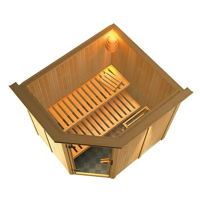 Karibu Elementsauna Siirin - Mit 9 kW Bio-Ofen mit externer Steuerung, Mit Dachkranz und Beleuchtung, Materialspezifizierung Tür: Massivholztür, L x B x H: 210 x 184 x 192 cm - Innenansicht einer hölzernen Ecksauna mit Bänken und Fliesenboden, die eine entspannende Wellness-Oase bietet.
