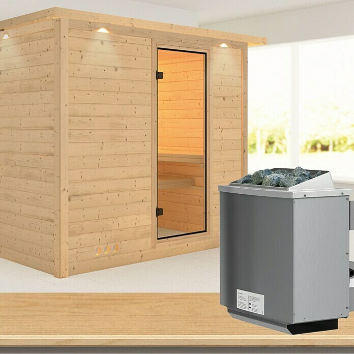 Karibu Massivholzsauna Sonara (Mit 9 kW Ofen mit integrierter Steuerung, Mit Dachkranz und Beleuchtung, L x B x H: 259 x 210 x 192 cm)