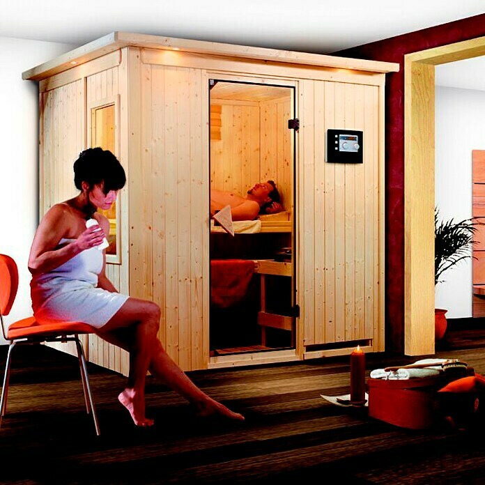 Karibu Systemsauna Bodin (Mit 9 kW Saunaofen mit integrierter Steuerung, Mit Dachkranz und Beleuchtung, 151 x 196 x 198 cm)