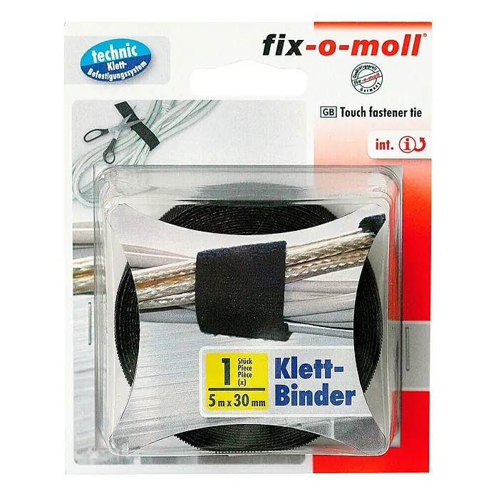 Fix-o-moll Klett-Kabelbinder Technic - 5 m x 30 mm, Schwarz - Das Bild zeigt eine Packung Fix-o-moll Klettbinder, 5m x 30mm, zur einfachen Kabelorganisation.