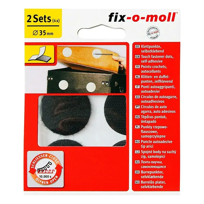 Fix-o-moll Klettpunkt - Durchmesser: 35 mm, Schwarz, Kleben, 2 Stk. - Das Bild zeigt eine Packung Fix-o-moll Klettpunkte, selbstklebend, mit einem Durchmesser von 35 mm.