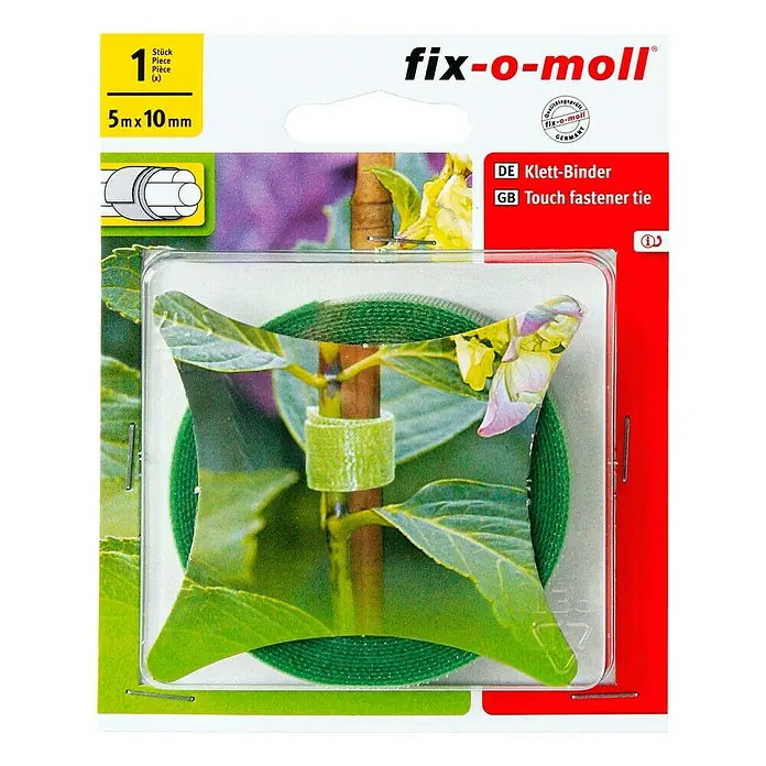 Fix-o-moll Klettbinder Garten - 5 m x 10 mm, Grün - Abbildung eines Fix-o-moll Klett-Binders, ideal zum Befestigen von Pflanzen, mit den Maßen 5 m x 10 mm.