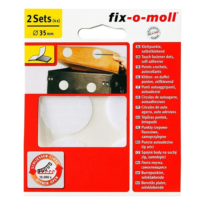 Fix-o-moll Klettpunkt - Durchmesser: 35 mm, Weiß, Kleben, 2 Stk. - Bild der "fix-o-moll" Klettpunkte, selbstklebend, 35mm Durchmesser, 2 Sets (4x).