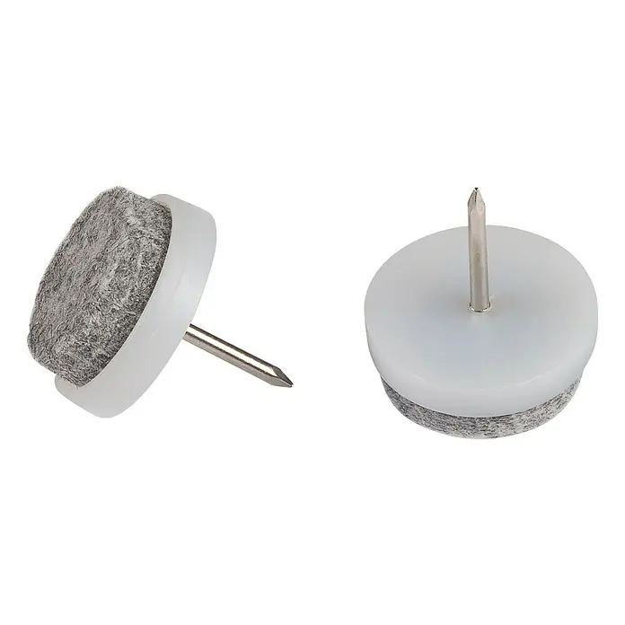 Stabilit Filzgleiter20 mm, 24 Stk., Weiß, Mit Stift - Zwei Möbelgleiter mit Filzgleitfläche, einem weißen Kunststoffgehäuse und einem Nagel zum Befestigen.