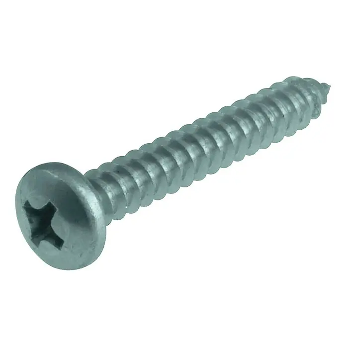 Stabilit BlechschraubeØ x L: 3,5 x 9 mm, 20 Stk., Edelstahl, Kopf-Kreuzschlitz (Phillips), Zylinderkopf - Nahaufnahme einer einzelnen, silberfarbenen Schraube mit Kreuzschlitzkopf, die sich spiralförmig verjüngt.