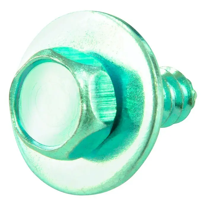 Blechschraube - Ø x L: 6,3 x 16 mm, 10 Stk., Verzinkt, 6-Kant - Nahaufnahme einer Schraube mit Flachkopf und Bund, ideal für sichere Verbindungen im Bau- und Montagebereich.