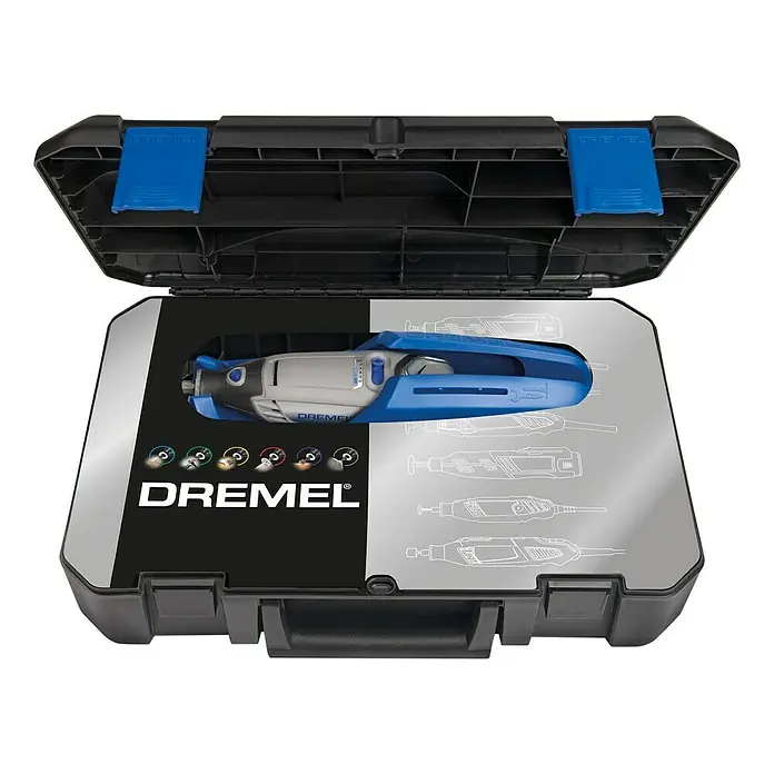 Dremel Multifunktionswerkzeug 3000-1/25 - 130 W - Das Bild zeigt ein offenes Dremel-Werkzeugkasten-Set mit dem Dremel-Werkzeug und Zubehör im Inneren, ideal für Hobbybastler.