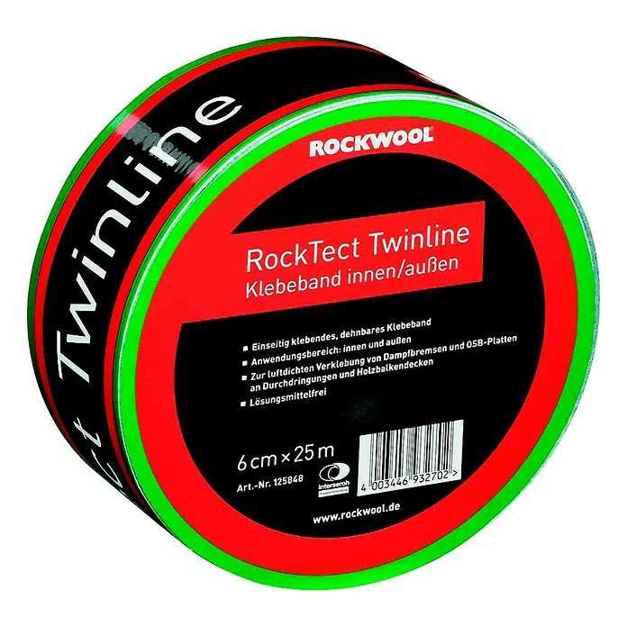 Rockwool RockTect Klebeband Twinline - 25 m x 60 mm, Geeignet für: Überlappende Dampfbremsen, Einseitig klebend - Abbildung einer Rolle RockTect Twinline Klebeband, geeignet für Innen- und Außenanwendungen zur luftdichten Verklebung.