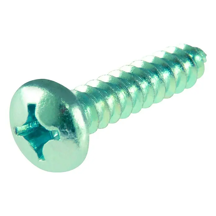 Stabilit BlechschraubeØ x L: 4,2 x 16 mm, 80 Stk., Verzinkt, Kopf-Kreuzschlitz (Phillips), Zylinderkopf - Nahaufnahme einer verzinkten Kreuzschlitzschraube mit abgerundetem Kopf auf weißem Hintergrund.