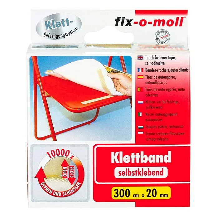Fix-o-moll Klettband - 300 cm x 20 mm, Weiß, Kleben - Bild der Verpackung von Klettband selbstklebend, 300 cm x 20 mm, mit Anwendungsbeispiel auf einem roten Stuhl.