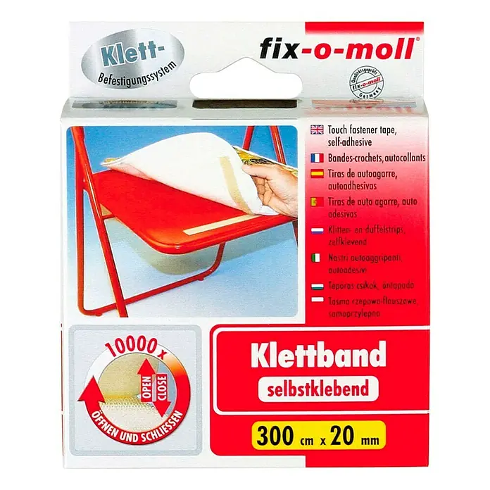Fix-o-moll Klettband - 300 cm x 20 mm, Schwarz, Kleben - Bild einer Packung Fix-o-Moll Klettband, selbstklebend, 300 cm x 20 mm, mit Anwendungsbeispiel auf einem roten Stuhl.