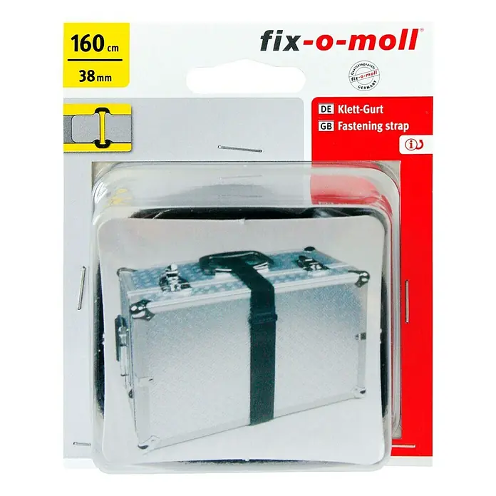 Fix-o-moll Klettgurt Maxi - 160 cm x 38 mm, Schwarz - Bild einer Fix-o-moll Klett-Gurt Verpackung (160cm, 38mm) vor einem schwarzen Hintergrund. Der Gurt dient zur Gepäckbefestigung.