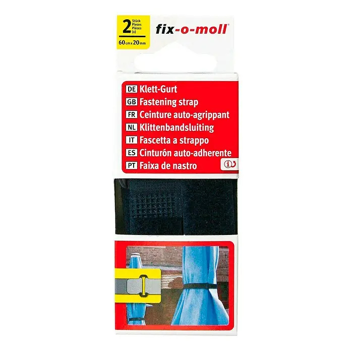 Fix-o-moll Klettgurt Mini - 60 cm x 20 mm, Blau, 2 Stk. - Bild einer Packung Fix-o-moll Klett-Gurte, ideal zum Befestigen und Ordnen von Gegenständen, 60 cm x 20 mm, 2 Stück.