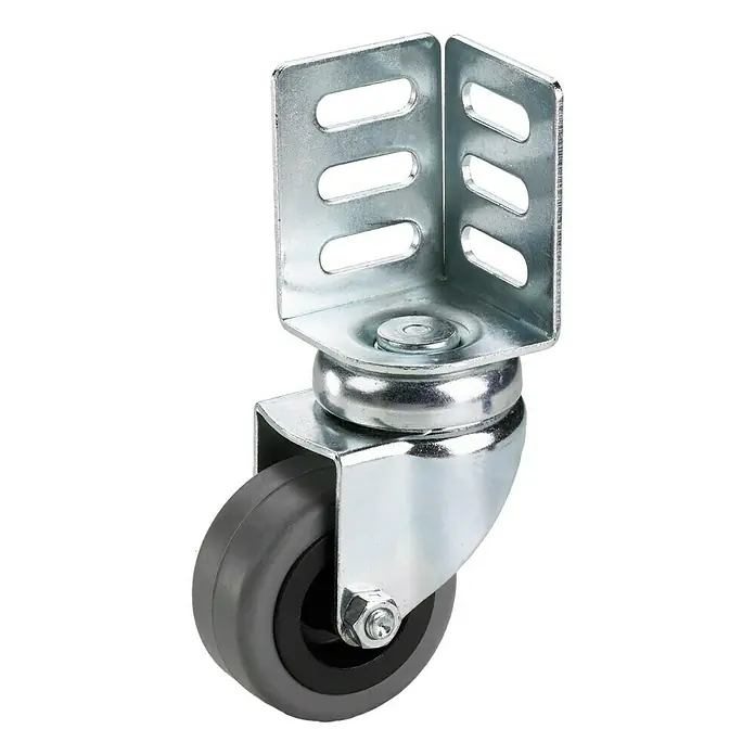 Stabilit Apparate-Lenkrolle - Durchmesser Rollen: 50 mm, Traglast: 40 kg, Material Rad: Gummi, Mit Winkelblech, Gleitlager - Ein Lenkrolle mit Winkelplatte, ideal für Möbel und Geräte. Die Rolle ist grau und das Gehäuse aus Metall. Robuste Konstruktion für vielseitigen Einsatz.