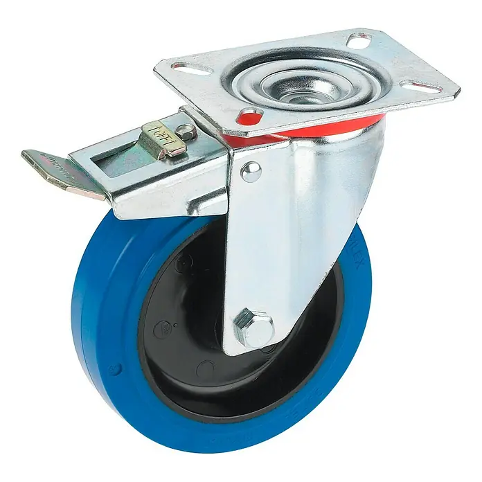 Dörner & Helmer Transportgeräterolle - Durchmesser Rollen: 125 mm, Traglast: 200 kg, Rollenlager, Mit Platte und Feststeller - Eine blaue Lenkrolle mit Feststellbremse, ideal für den flexiblen und sicheren Einsatz im Lager oder Werkstatt.