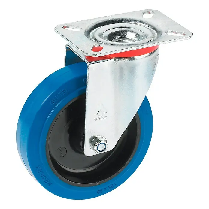 Stabilit Transportgeräterolle - Durchmesser Rollen: 100 mm, Traglast: 150 kg, Rollenlager, Mit Platte - Lenkrolle mit Rückenlochbefestigung. Die blaue Rolle ist drehbar gelagert und ideal für den Einsatz auf verschiedenen Oberflächen.
