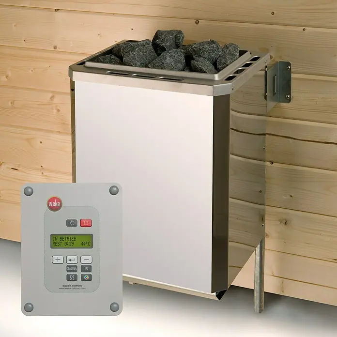 Weka Elementsauna 508 GTF Gr.2 OS - Elektroofen, Steuerung Ofen: Extern, L x B x H: 144 x 194 x 199 cm - Das Bild zeigt einen WEKA Saunaofen mit Steinen und einem Bedienfeld für die Steuerung von Temperatur und Funktionen.