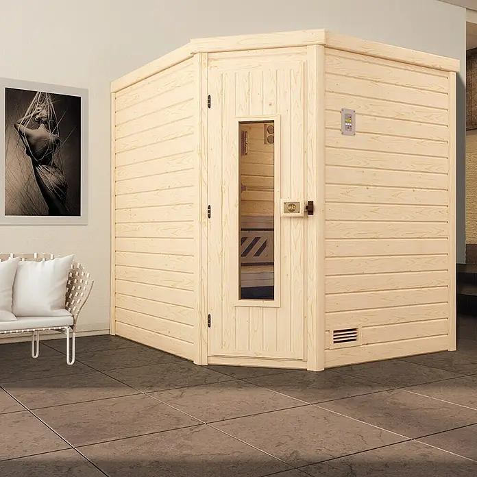 Weka Massivholzsauna Turku 2 HT - Ohne Ofen, L x B x H: 198 x 198 x 205 cm - Ein Ecksauna-Modell aus hellem Holz mit Glastür und digitalem Bedienfeld, ideal für Wellness zu Hause.