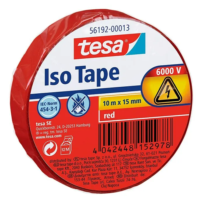 Tesa Isolierband Iso Tape - Rot, 10 m x 15 mm - Rolle rotes Tesa Iso Tape, isolierendes Klebeband für elektrische Anwendungen bis 6000 V, 10m x 15mm.