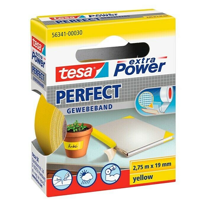 tesa Extra Power Gewebeband PERFECT (Gelb, 2,75 m x 19 mm)