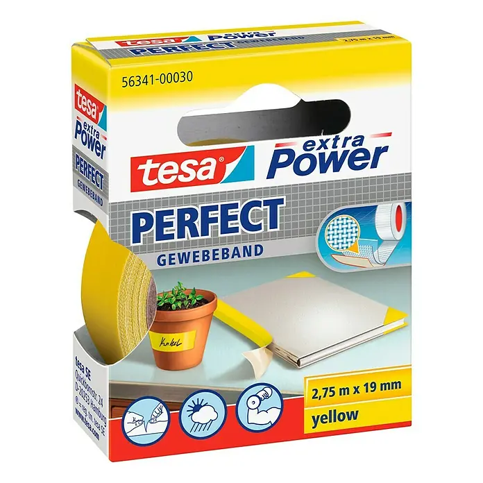 Tesa Extra Power Gewebeband PERFECT - Gelb, 2,75 m x 19 mm - Abbildung einer gelben Tesa Extra Power Perfect Gewebeband Rolle in der Verpackung.