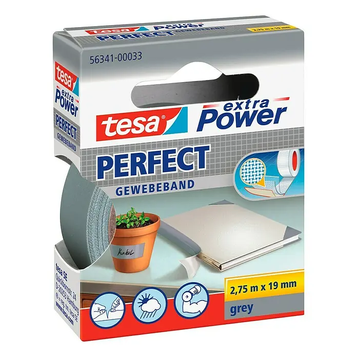 Tesa Extra Power Gewebeband PERFECT - Grau, 2,75 m x 19 mm - Abbildung der Tesa Extra Power Perfect Gewebeband Rolle in Grau, 2,75m x 19mm, ideal für Reparaturen und Befestigungen.