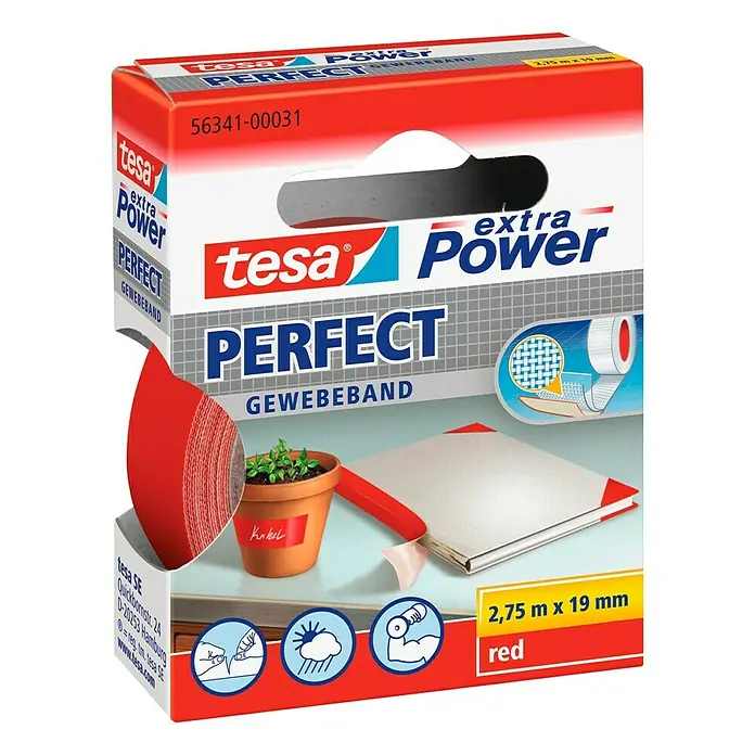 Tesa Extra Power Gewebeband PERFECT - Rot, 2,75 m x 19 mm - Produktabbildung von Tesa Extra Power Perfect Gewebeband, rot, 2,75 m x 19 mm. Vielseitig einsetzbares, starkes Klebeband.