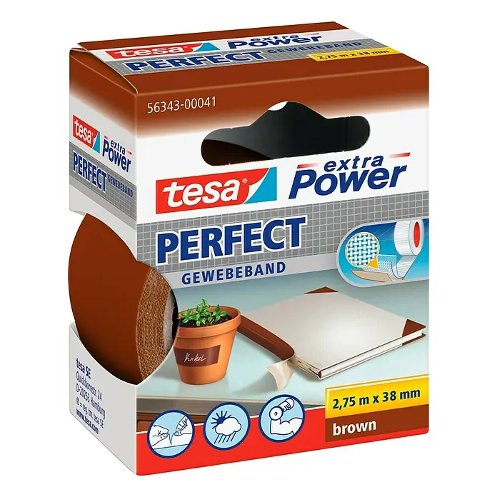 Tesa Extra Power Gewebeband PERFECT - Braun, 2,75 m x 38 mm - Das Tesa Perfect Power Gewebeband in Braun, 2,75m x 38mm, ist ein vielseitiges und extra starkes Klebeband für Reparaturen und Befestigungen.