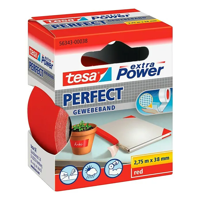 Tesa Extra Power Gewebeband PERFECT - Rot, 2,75 m x 38 mm - Produktbild von Tesa Perfect Power Gewebeband, rot, 2,75 m x 38 mm, vielseitig einsetzbar für Reparaturen und Befestigungen im Innen- und Außenbereich.