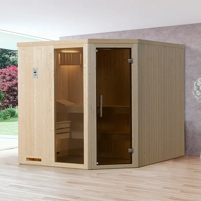Weka Elementsauna Varberg 3 GTF - L x B x H: 194 x 194 x 199 cm - Hier ist eine Ecksauna aus hellem Holz mit Glastüren und einer digitalen Steuerung zur Temperaturregelung.