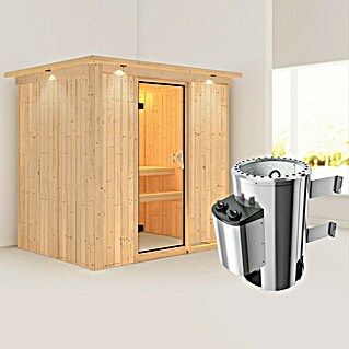 Karibu Elementsauna Fanja (Mit 3,6 kW Ofen mit integrierter Steuerung, Mit Dachkranz und Beleuchtung, L x B x H: 210 x 165 x 192 cm)