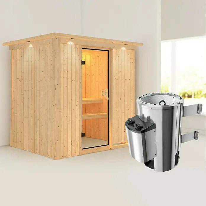Karibu Elementsauna Fanja - Mit 3,6 kW Ofen mit integrierter Steuerung, Mit Dachkranz und Beleuchtung, L x B x H: 210 x 165 x 192 cm - Einblick in eine helle Holzsauna mit gläserner Tür, ergänzt durch einen modernen Saunaofen aus Edelstahl mit schwarzen Bedienelementen.