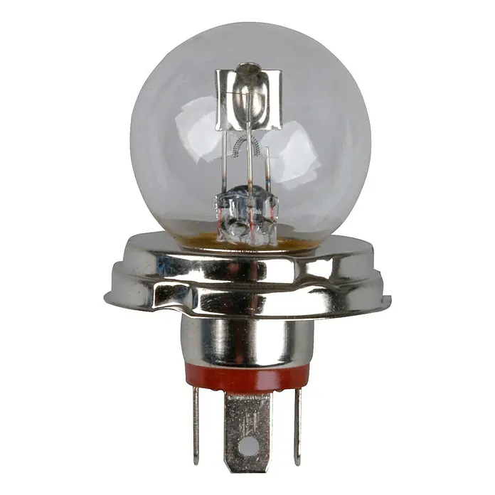 UniTEC Halogen-Scheinwerferlampe - R2, 1 Stk. - Dieses Bild zeigt eine detailreiche Nahaufnahme einer klaren Glühbirne mit Metallsockel und sichtbaren inneren Filamenten.