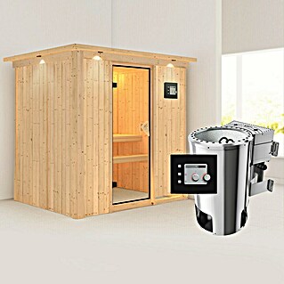 Karibu Elementsauna Fanja (Mit 3,6 kW Bio-Ofen mit externer Steuerung, Mit Dachkranz und Beleuchtung, L x B x H: 210 x 165 x 192 cm)
