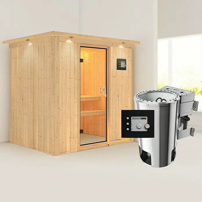 Karibu Elementsauna Fanja - Mit 3,6 kW Bio-Ofen mit externer Steuerung, Mit Dachkranz und Beleuchtung, L x B x H: 210 x 165 x 192 cm - Produktabbildung einer Holzsauna mit Glastür und einem Saunaofen mit externer Steuerung für ein entspannendes Saunaerlebnis.