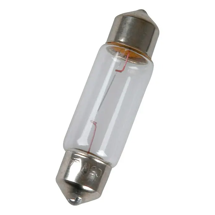 UniTEC Soffittenlampe - C5W, 2 Stk. - Nahaufnahme einer klaren Glühbirne mit einem Metallsockel und einem Glühfaden im Inneren.