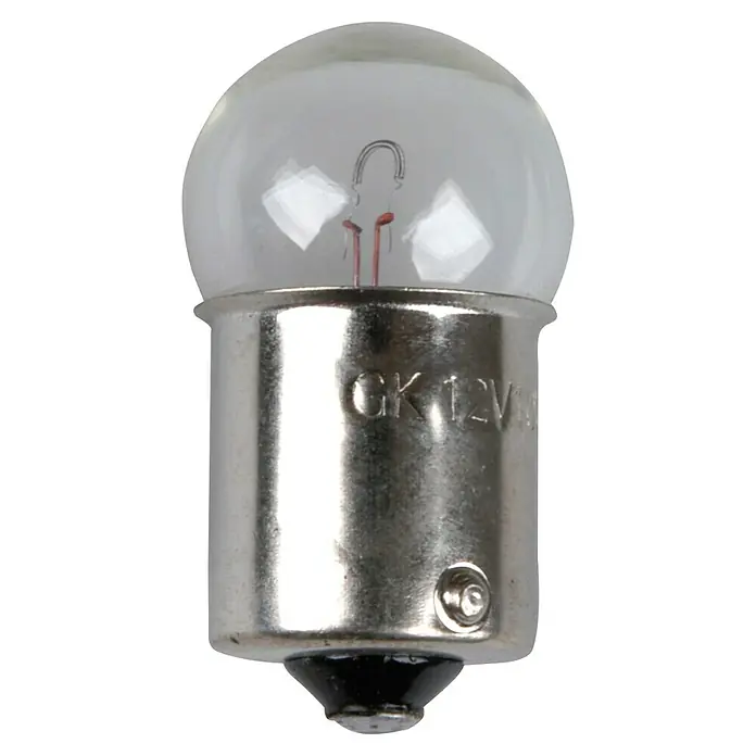 UniTEC Signal- & Innenbeleuchtung - R10W, 2 Stk. - Nahaufnahme einer GK 12V Glühbirne mit klarem Glaskolben und Metallsockel, geeignet für vielfältige Beleuchtungsanwendungen.