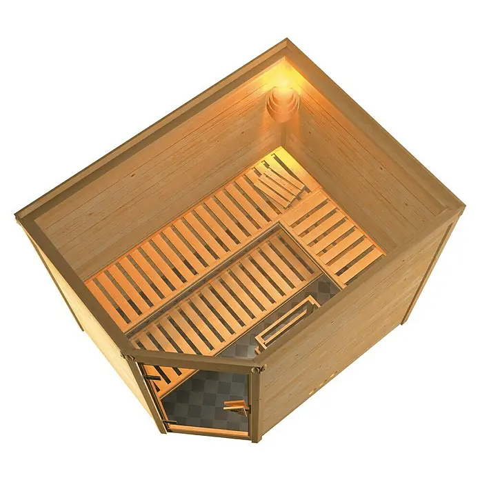 Karibu Massivholzsauna Tanami - Ohne Ofen, Ohne Dachkranz, L x B x H: 231 x 196 x 192 cm - Innenansicht einer hellen Holzsauna mit Bänken und Tür. Die Sauna ist beleuchtet und wirkt einladend.