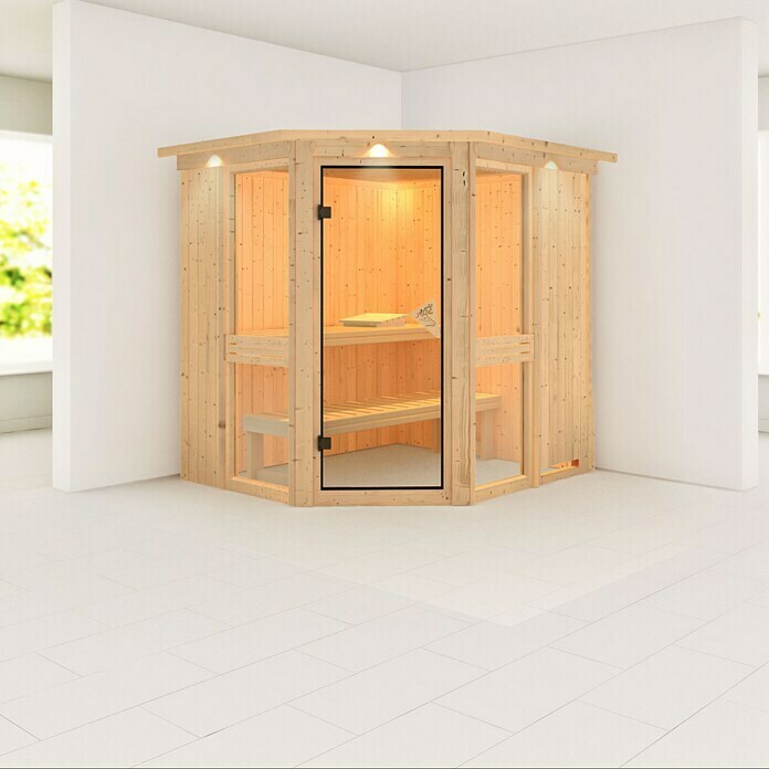 Karibu Systemsauna Amelia 1 (Ohne Ofen, Mit Dachkranz und Beleuchtung, 170 x 196 x 198 cm)