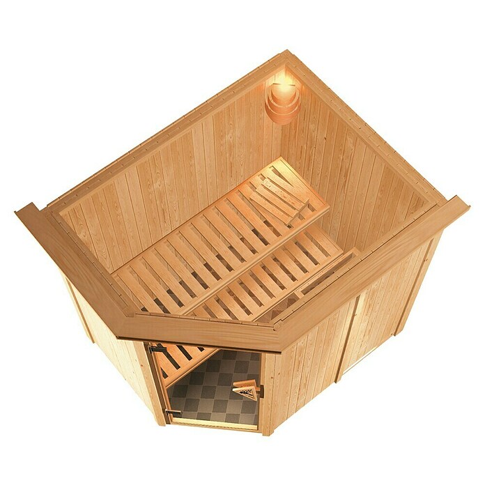 Karibu Saja (Mit Plug & Play Ofen 3,6 kW inkl. Steuerung Modern, Mit Dachkranz und Beleuchtung, 195 x 152 x 198 cm)
