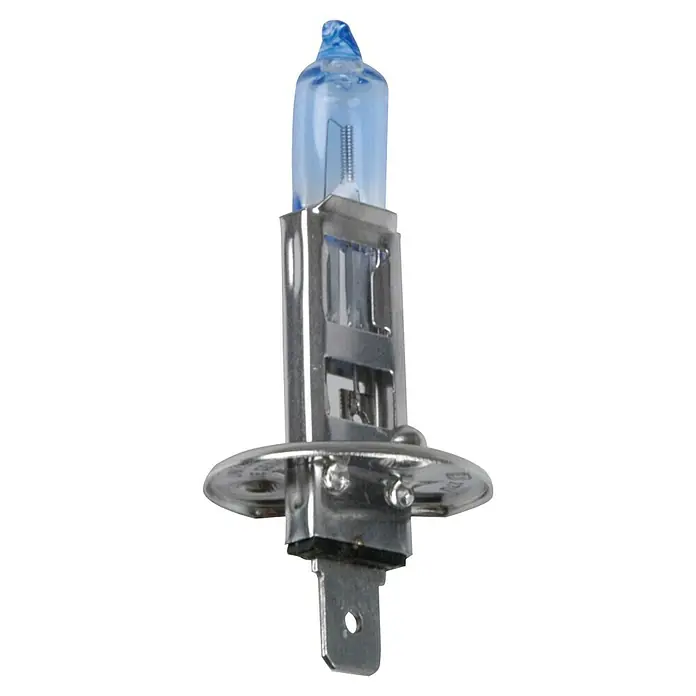 UniTEC Halogen-Scheinwerferlampe XENON Blue Design - H7, 2 Stk. - Nahaufnahme einer H1-Halogenlampe mit bläulichem Glas, ideal für Autoscheinwerfer und sorgt für helles, weißes Licht.