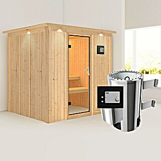Karibu Elementsauna Daria (Mit 3,6 kW Ofen mit externer Steuerung, Mit Dachkranz und Beleuchtung, L x B x H: 210 x 184 x 192 cm)
